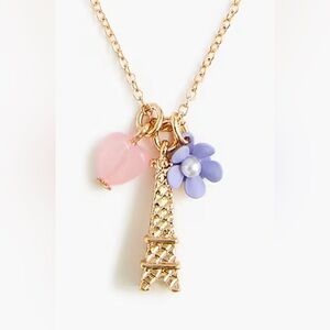 Gold Eiffel Tower Pendant Necklace with Pink Heart & Lavender Flower Charms